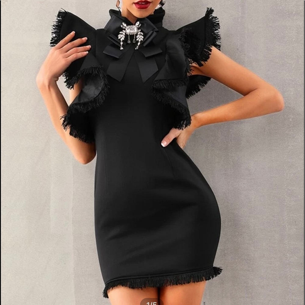 Small black cocktail dress with statement ruffle sleeves NEW